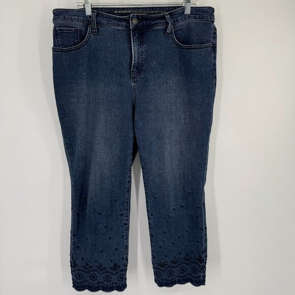 Chicos 2.5 Girlfriend Slim Crop Jeans Size 14 Embroidered Eyelet Hem Blue Denim - Picture 3 of 14